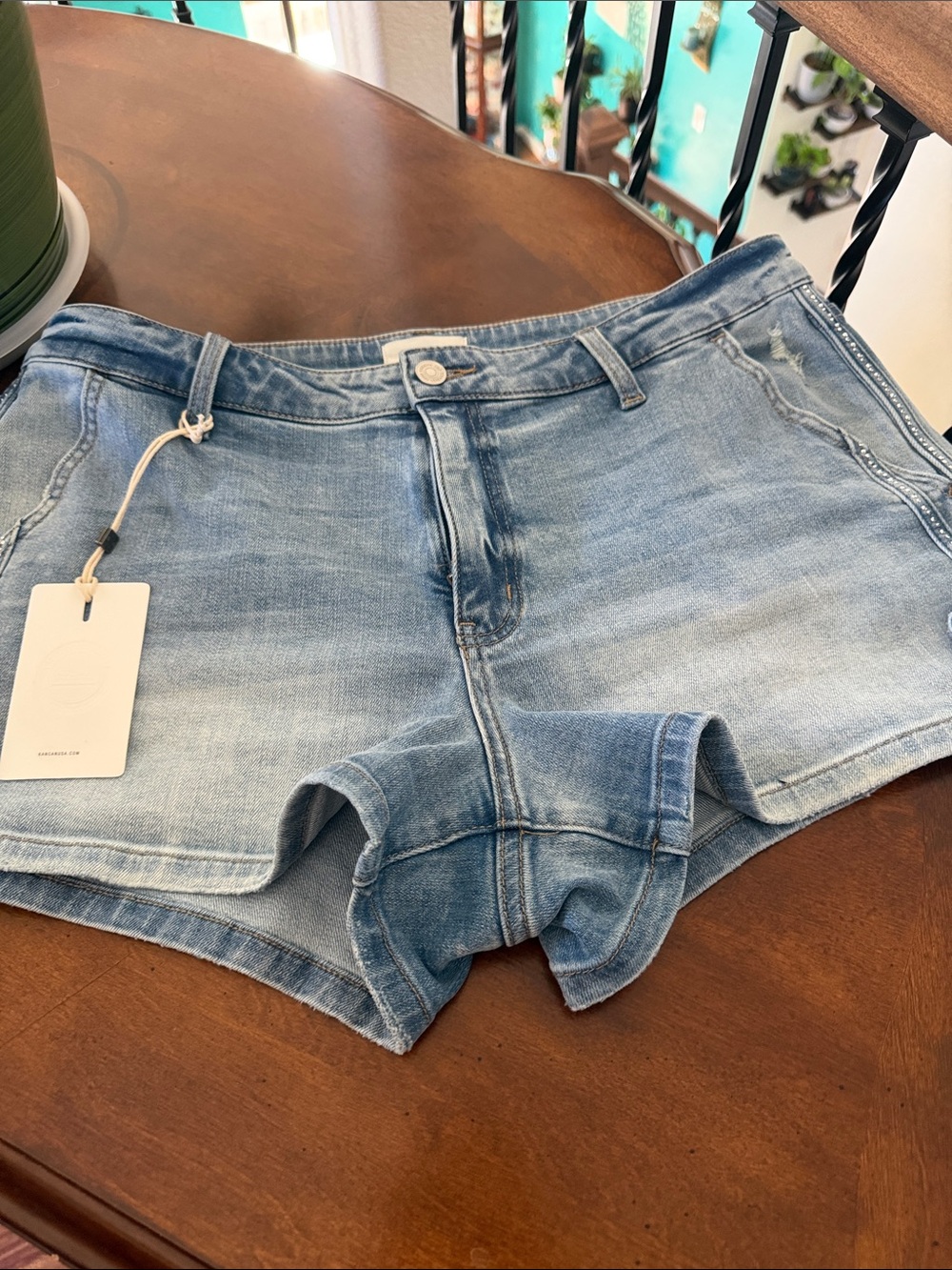 KanCan Light Blue Denim Shorts with Side Bow Details - Picture 7 of 7